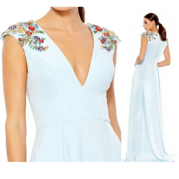 Mac Duggal beaded shoulders crepe long dress, sz 14,new, no missing beads - Picture 4 of 7